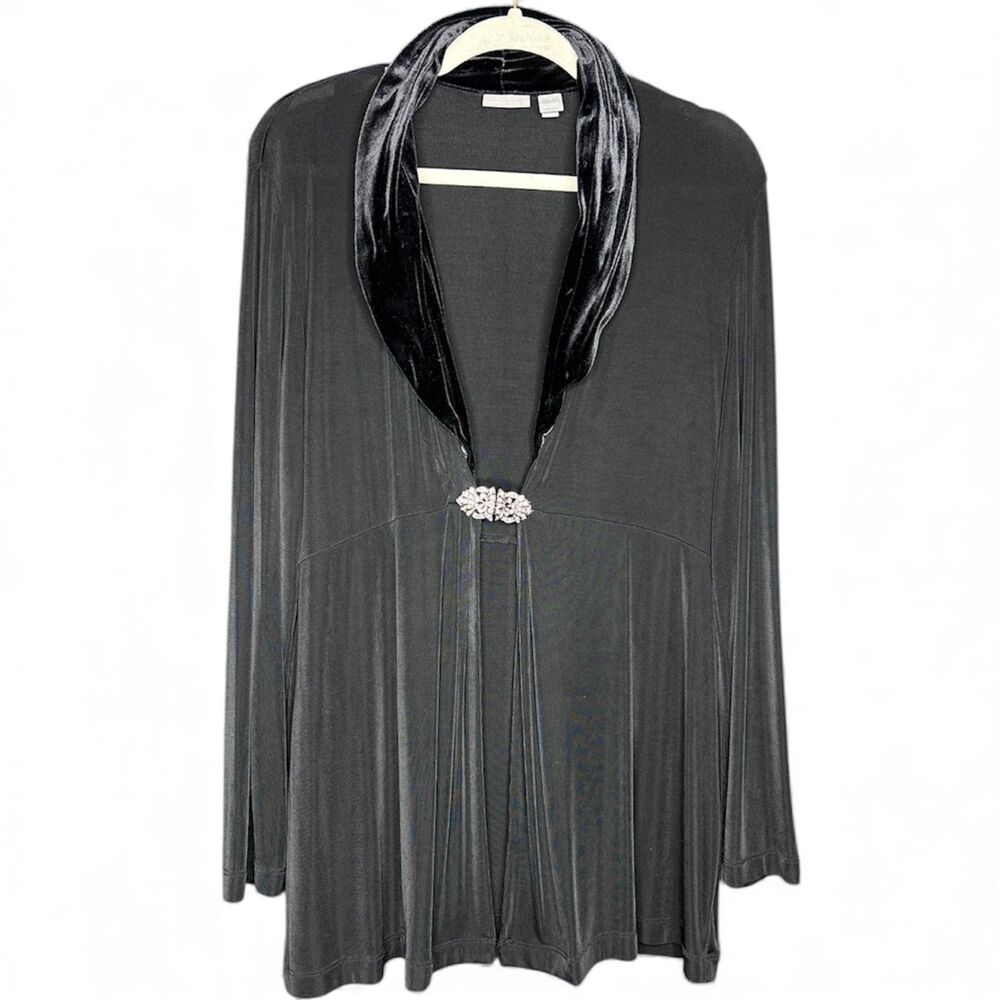 Chicos Womens Black Velvet Capelet Cardigan Sz M Rhinestone Flowy Formal Glam